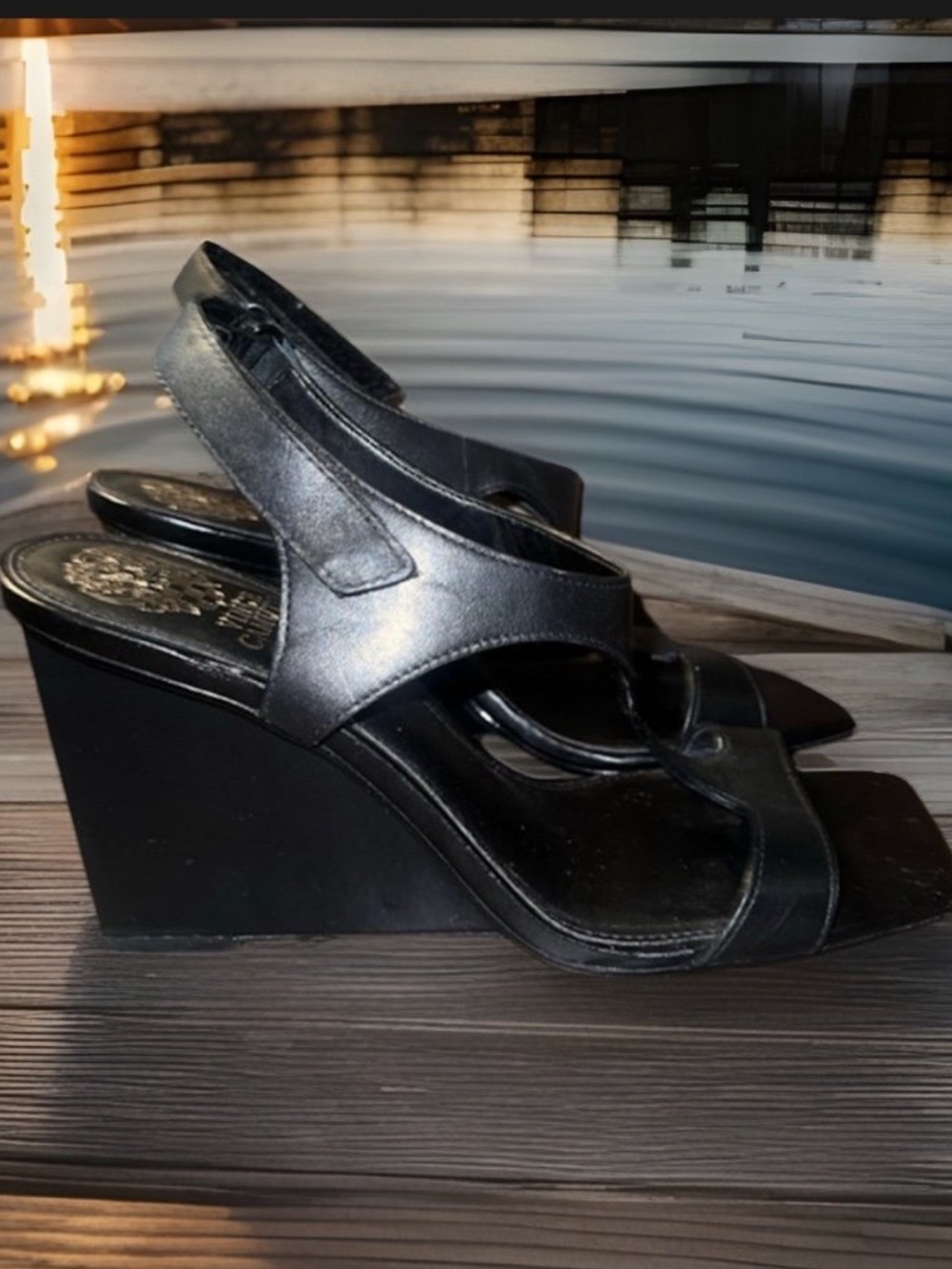 Vince Camuto Larahana Black Leather Dress Wedge Sandals, Women’s size 8